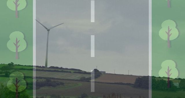 Wind Turbine Overlays Farmland with Road and Tree Icons