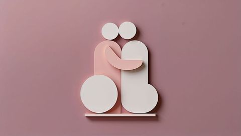 Abstract Hugging Figures on Dusty Rose Background