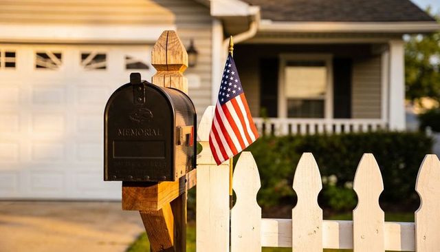 Sunlit mailbox and american flag beside white picket fence in suburban front yard at golden hour