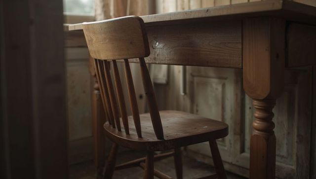 Sunlit rustic spindle-back chair showing patina and woodgrain on turned table leg