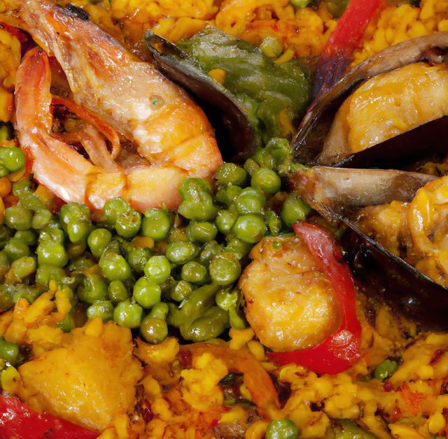 Close shot of a traditional Spanish seafood paella featuring shrimp, mussels, green peas, rice, and peppers. Perfect for illustrating Mediterranean diet, cooking recipes, Spanish culture, or food blog content.