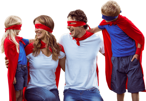 Happy Superhero Family in Masks on Transparent Background