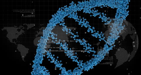 3D DNA Helix with Digital Data Overlay on Black Background