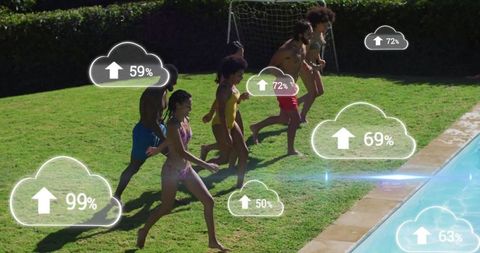 Group Running Toward Pool on Sunny Day With Virtual Cloud Graphics