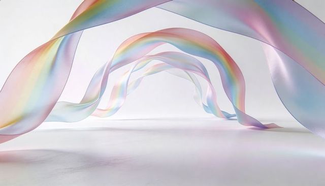 Iridescent pastel ribbons flowing over minimal white floor, creating pearlescent arches