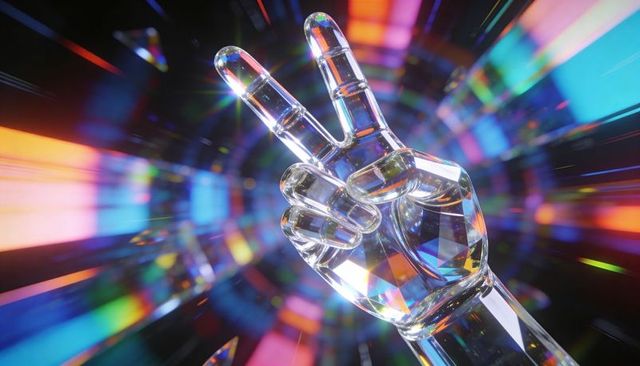 Presenting faceted crystal hand forming peace sign with prism light flares and rainbow reflections