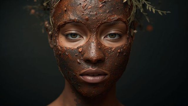 Closeup portrait woman wearing earthy clay facial mask with botanical flakes and twigs