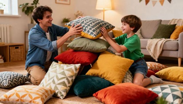 Dad and son building colorful pillow fort in cozy living room, playful family bonding