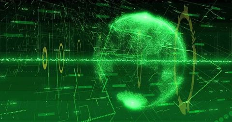 Neon Green Holographic Globe Rotating with Pulsing Data Line and Futuristic HUD Rings
