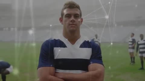 Rugby Player in Stadium with Futuristic Analytics Overlay
