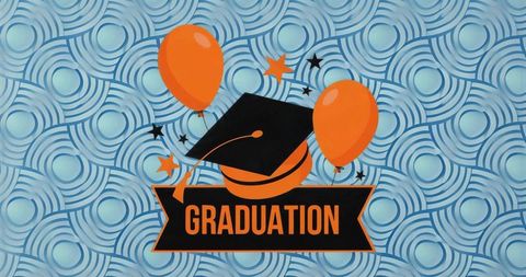 Graduation celebration graphic with cap, balloons and stars on blue patterned background
