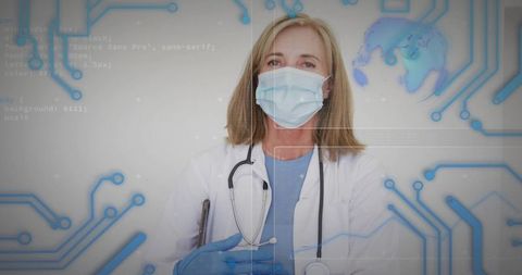 Female Doctor Wearing Mask and Gloves Holding Stethoscope with Health Tech Telemedicine Interface