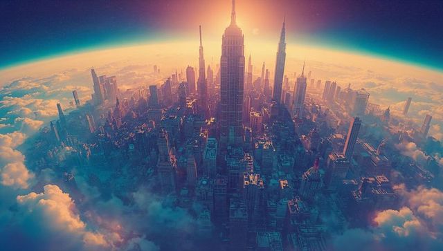 Orbital sunrise over futuristic metropolis with towering spire casting long shadow