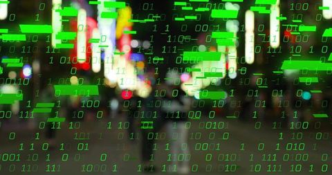 Night city pedestrians walking through neon lights with green binary code overlay