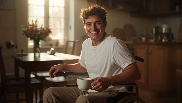 Young man in wheelchair smiling and enjoying morning coffee holding mug in sunlit cozy kitchen