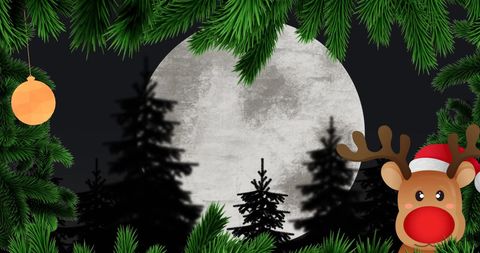 Festive christmas scene with full moon and reindeer illustration