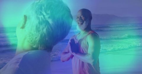 Serene Beach Yoga with Smiling Man in Meditation Pose