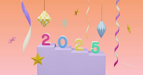 Colorful 2025 Celebration with New Year Decor on Pink Background