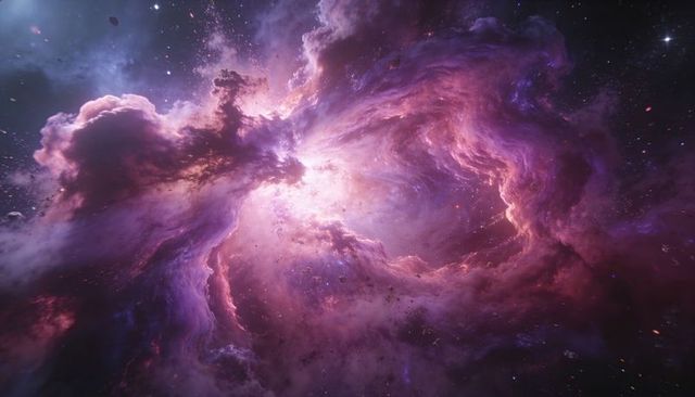 Swirling violet nebula radiating brilliant core light, cosmic dust and stellar filaments