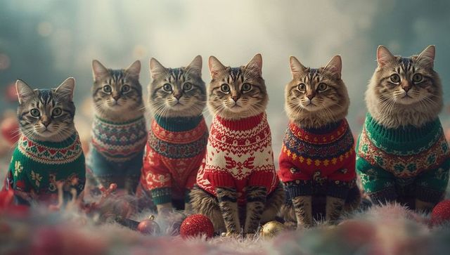 Festive Cats in Holiday Sweaters Celebrate Christmas Spirit