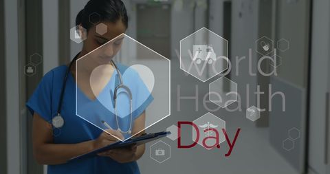 World Health Day with Doctor Writing on Clipboard