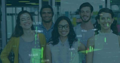 Diverse Team Collaborating in Office with Data Overlays