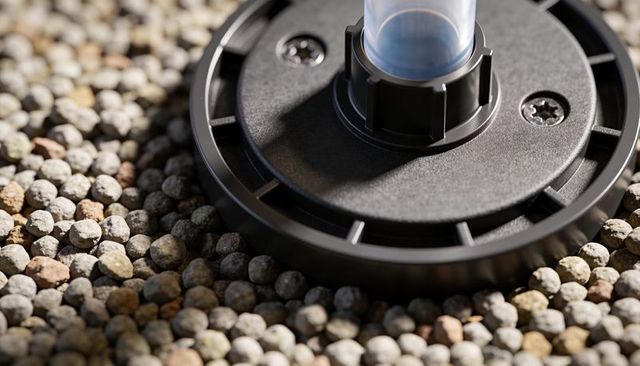 Macro closeup showing hydroponic base securing translucent tube on expanded clay pebbles