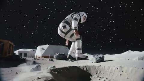 Astronaut running on moon near habitat, kicking dust in low gravity