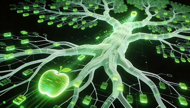 Neon green neural network tree with glowing apple nodes and circuit trunk