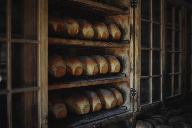 Loaves of freshly baked bread are cooling on rustic wooden shelves in a traditional bakery setting. Ideal for use in posts or advertisements related to homemade food, baking, traditional artisan culture, or rustic decor. Can also be used for promoting bakeries or cookbooks featuring recipes for breads and baked goods.