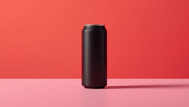 Matte Black Aluminum Can on Pink Surface with Red Background