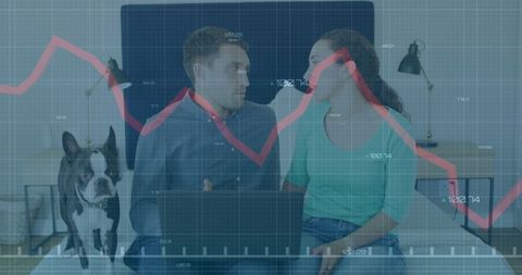 Couple Analyzing Financial Data with Tablet and Dog in Bedroom