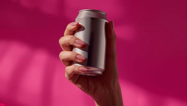 Hand Holding Metallic Can Against Vibrant Pink Background