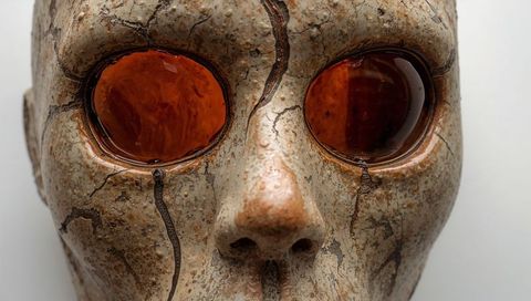 Weathered stone mask with amber inset eyes, cracked patina and rustic ceramic texture