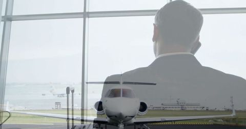 businessman on phone with airplane overlaid airport background - Download Free Stock Images Pikwizard.com