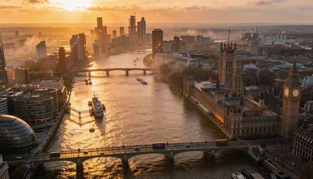 Golden-hour thames skyline with houses of parliament, elizabeth tower & westminster bridge