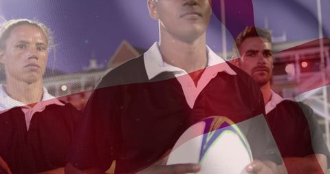 England Flag Overlay on Diverse Rugby Players at Pitch