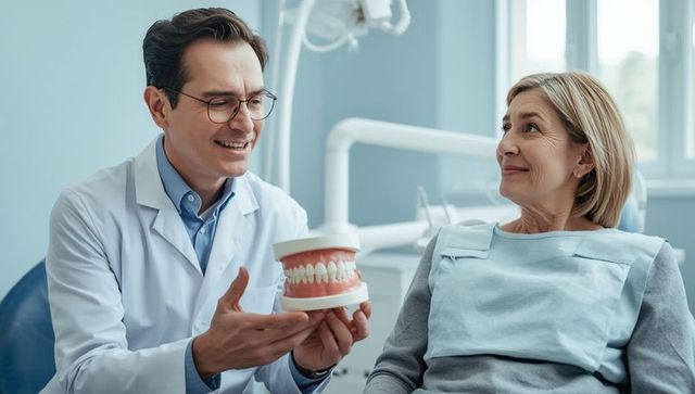 Dentist demonstrating dental anatomy to patient