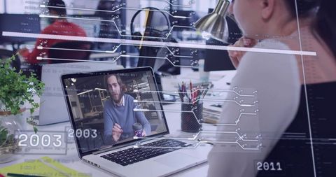 Remote video meeting in modern open office with augmented HUD overlays and teamwork