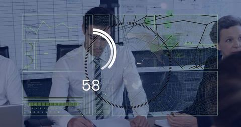 Executive reviewing data dashboard and strategy in boardroom with futuristic HUD overlay