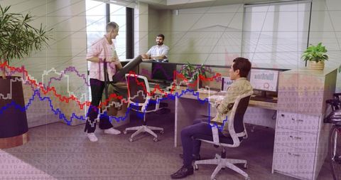 Team discussing project with data charts overlay in modern collaborative office workspace