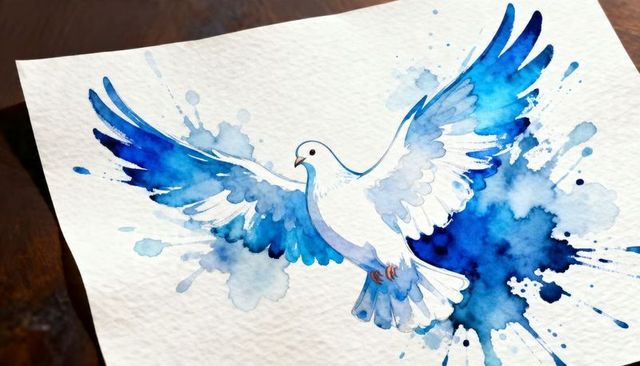 Watercolor dove spreading wings with blue ink splashes on textured cold-press paper
