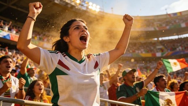 Passionate mexican soccer fan cheering, raising fists in stadium crowd under golden dust