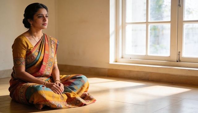 Middle-aged indian woman sitting contemplative on sunlit floor wearing colorful sari