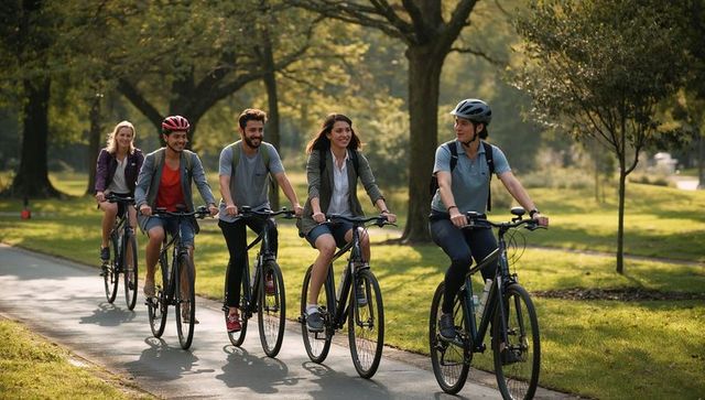 Friends Enjoying Group Bicycle Ride in Sunlit Park