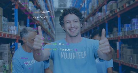 Enthusiastic volunteer embracing teamwork in warehouse setting