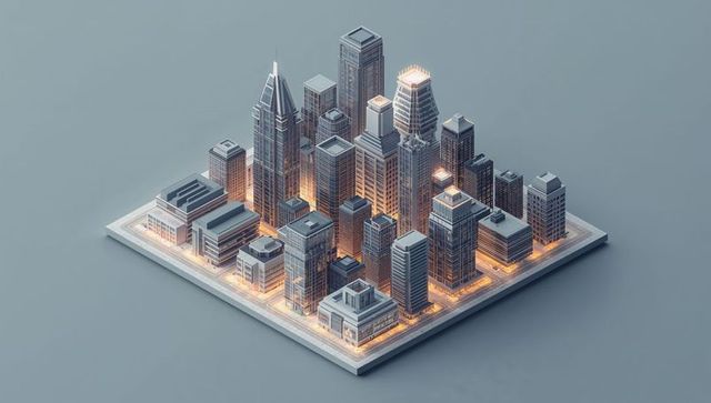 Isometric miniature city diorama with lit grid and modern skyscrapers