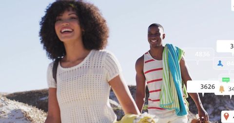 Smiling Couple on Beach Hike with Social Media Interface Overlay