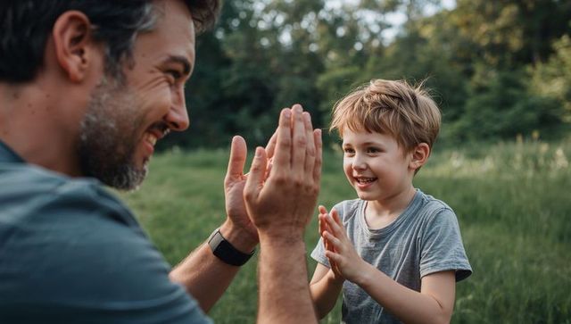 Father and son sharing high-five in sunlit meadow, smiling boy expressing joyful bond