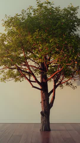 Tilting up along indoor tree trunk revealing red fruit and leafy canopy — vertical botanical video